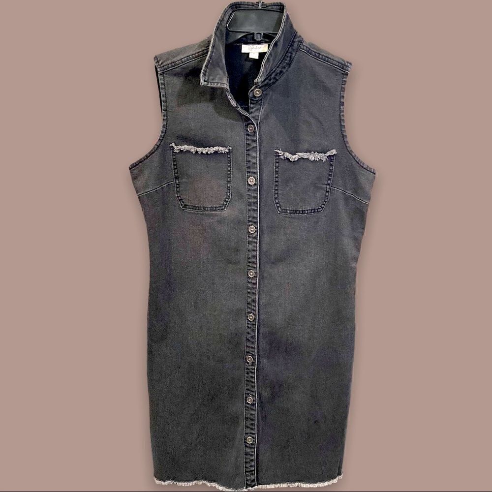 Black Raw Hem Denim Style and Co. Button Down Sleeveless Dress